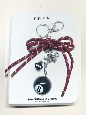 piper.k Black 8-Ball Bag Charm & Key Chain with Maroon Cord